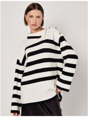 Apricot Long Sleeve Stripe Button Ribbed Sweater in White / Black - Sz S - New